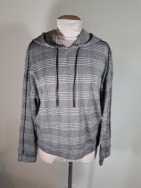 Andrew Marc Women’s Sport Glen plaid Hoodie Medium Black White Knit Drawstrings